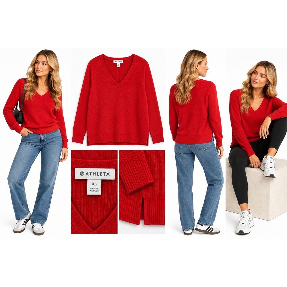 Athleta Sweater XS Red Merino Wool Blend Ribbed V-Neck Pullover Preppy Gorpcore